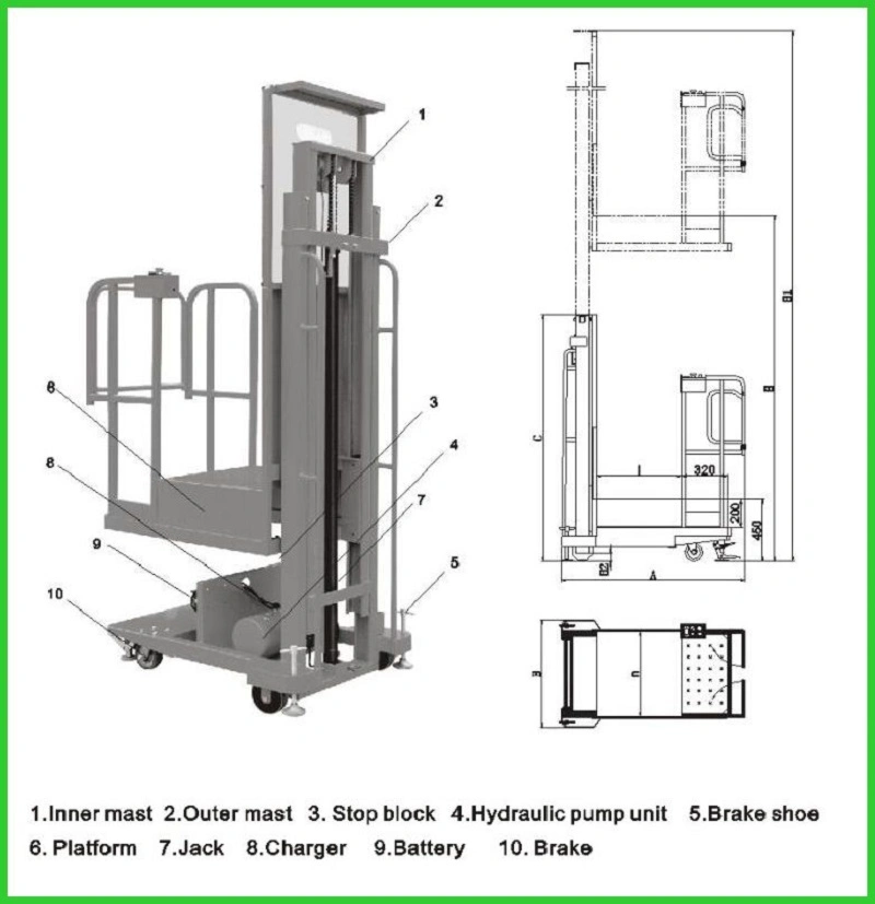 4.5m Platform Height Semi-Automatic Aerial Order Picker with 200kg Load Capacity